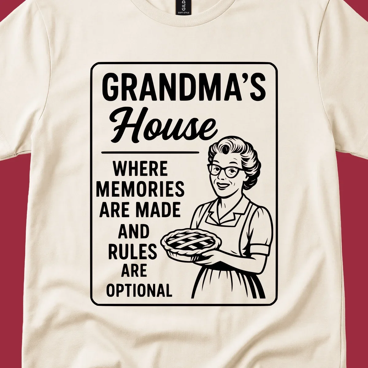 Grandma's house sign with text and illustration of a smiling grandma holding a pie.