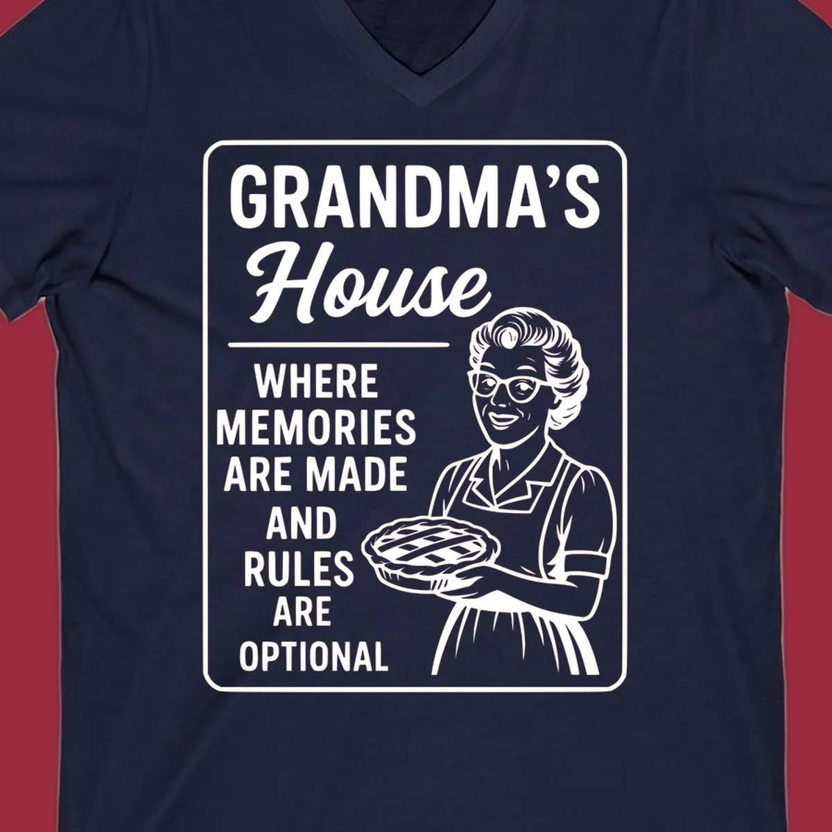Grandma's house sign with text and illustration of a smiling grandma holding a pie.