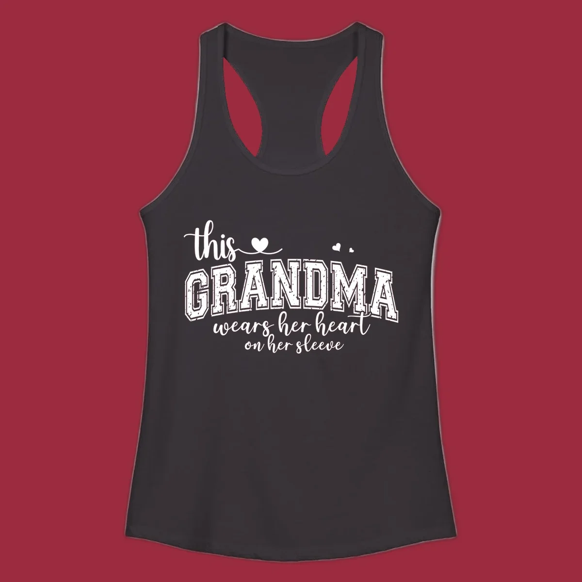 This Grandma Wears Her Heart On Her Sleeve text design with hearts.