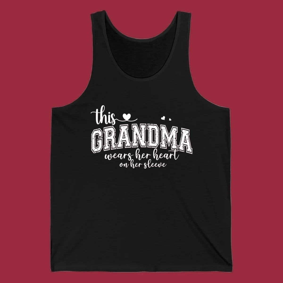 This Grandma Wears Her Heart On Her Sleeve text design with hearts.