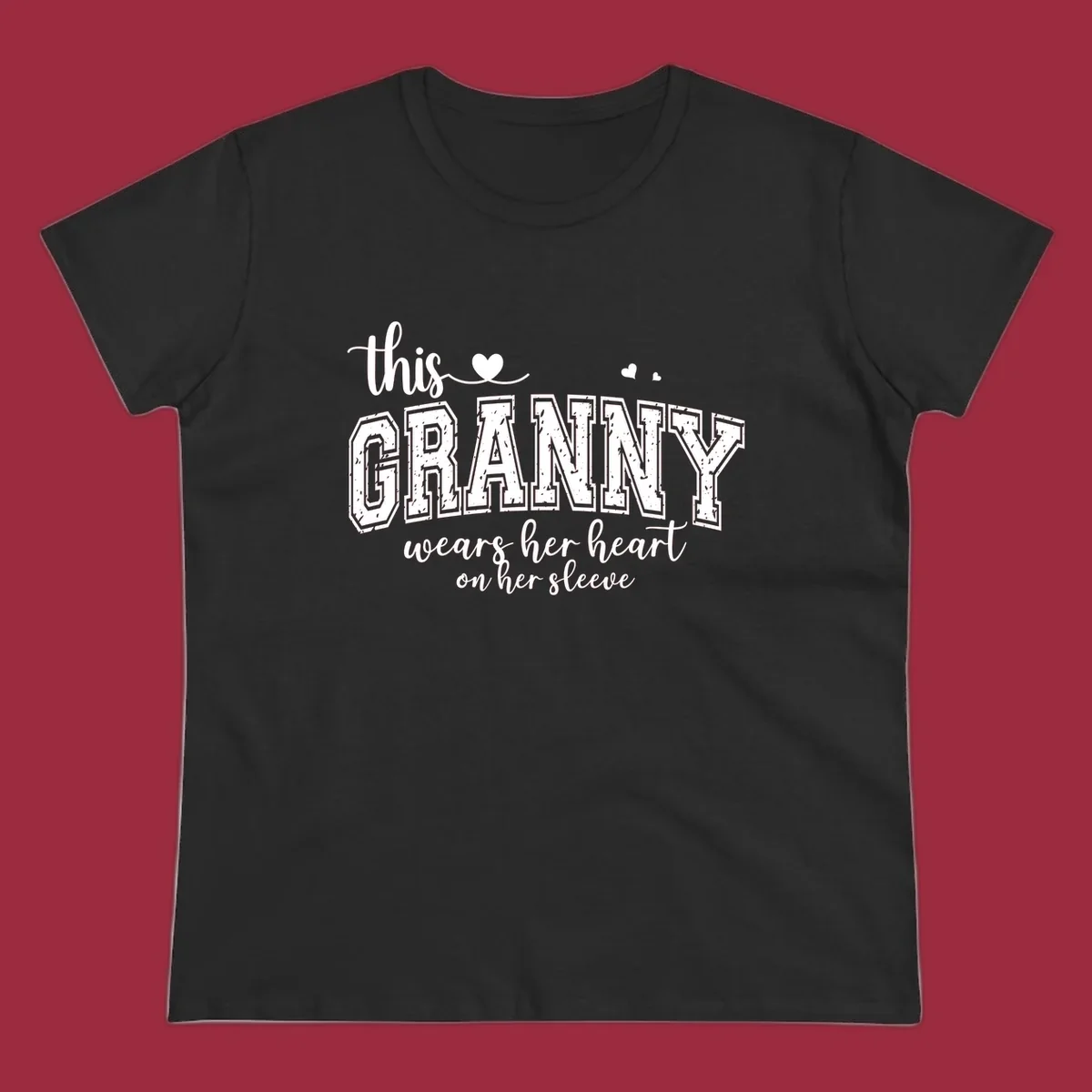 This Granny Wears Her Heart On Her Sleeve text design with heart graphics.