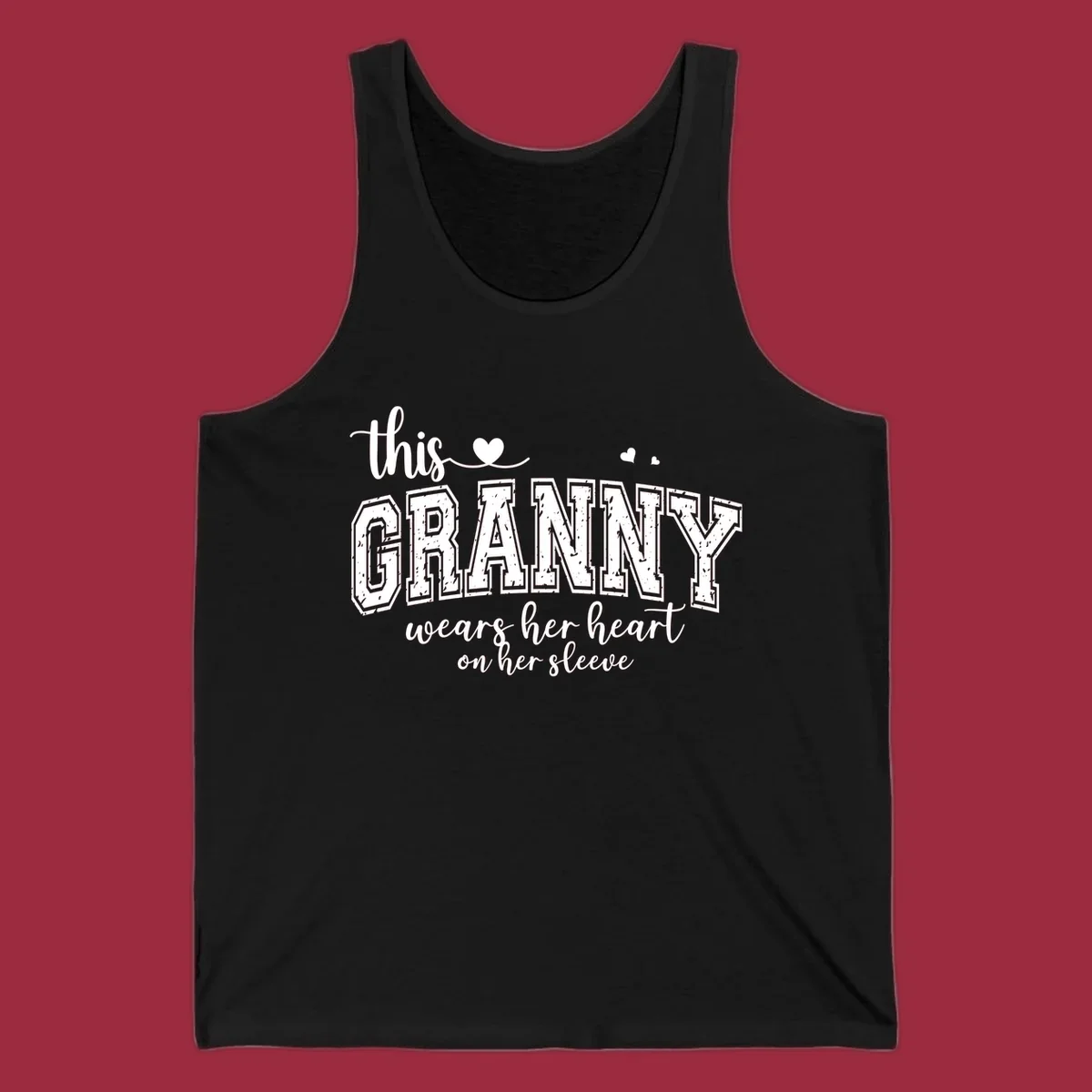 This Granny Wears Her Heart On Her Sleeve text design with heart graphics.