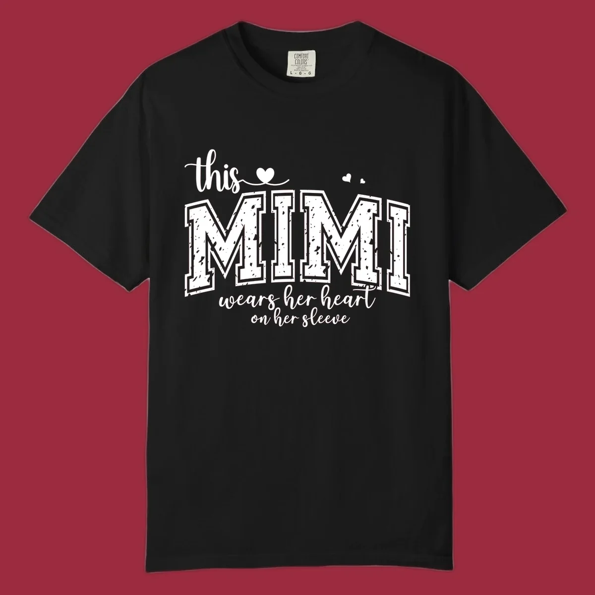 This Mimi Wears Her Heart On Her Sleeve text design with heart icons.