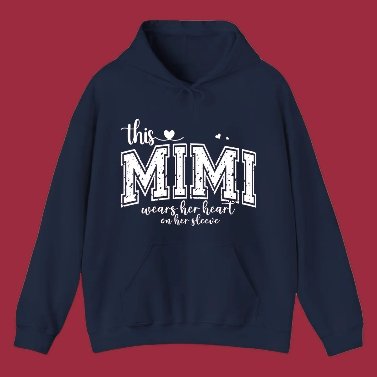 This Mimi Wears Her Heart On Her Sleeve text design with heart icons.