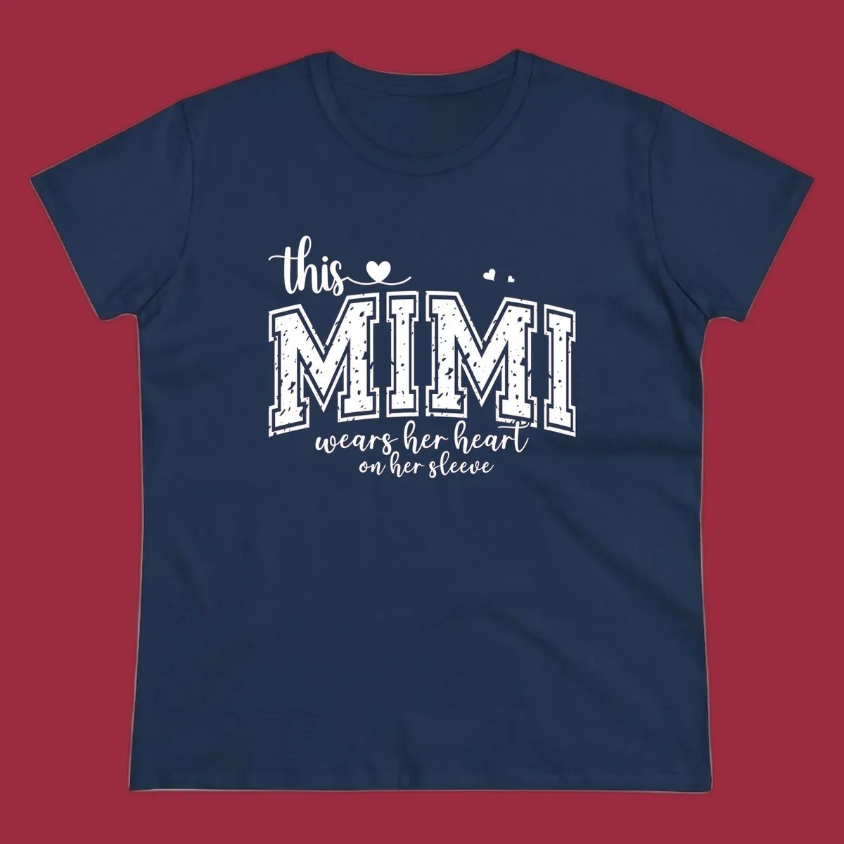 This Mimi Wears Her Heart On Her Sleeve text design with heart icons.