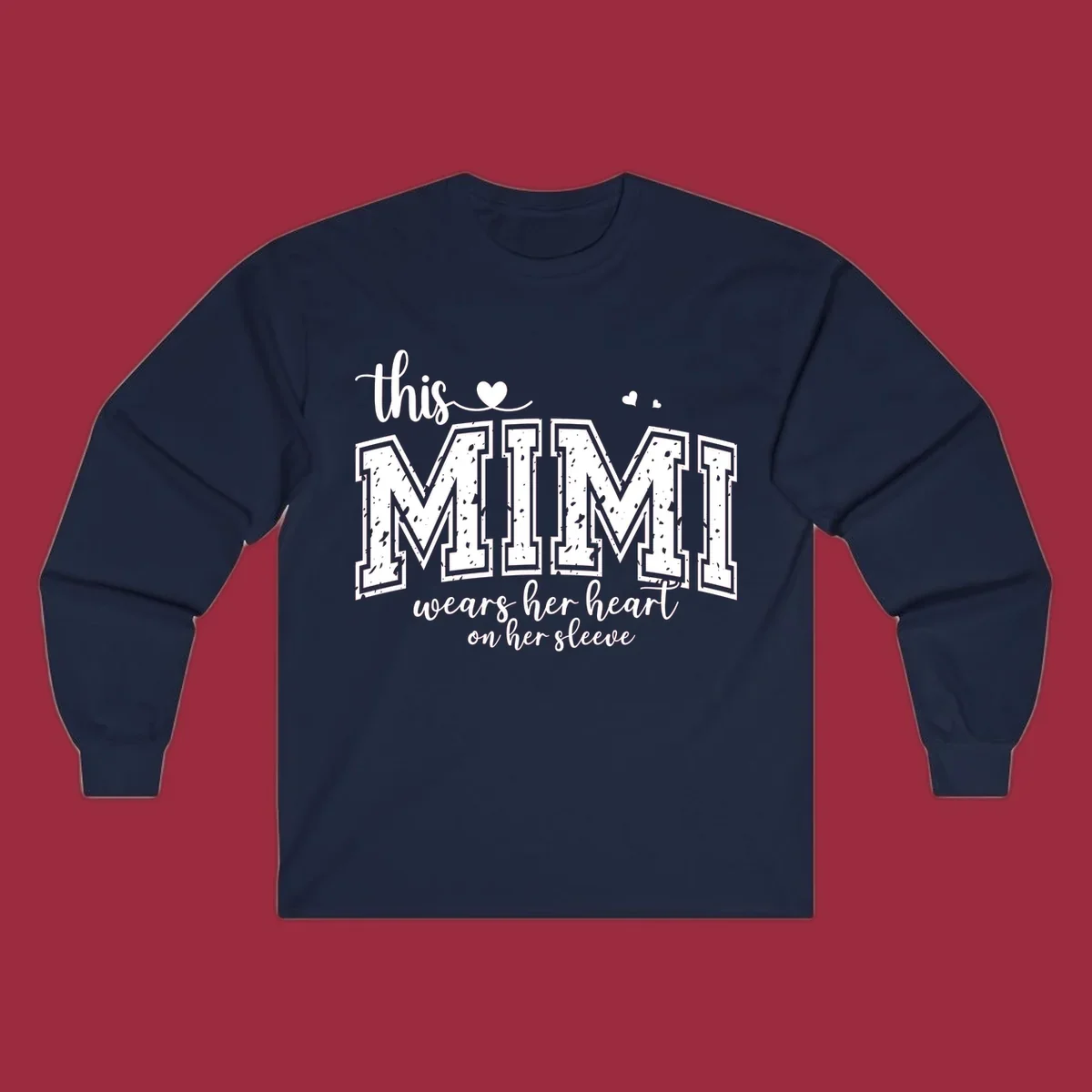 This Mimi Wears Her Heart On Her Sleeve text design with heart icons.