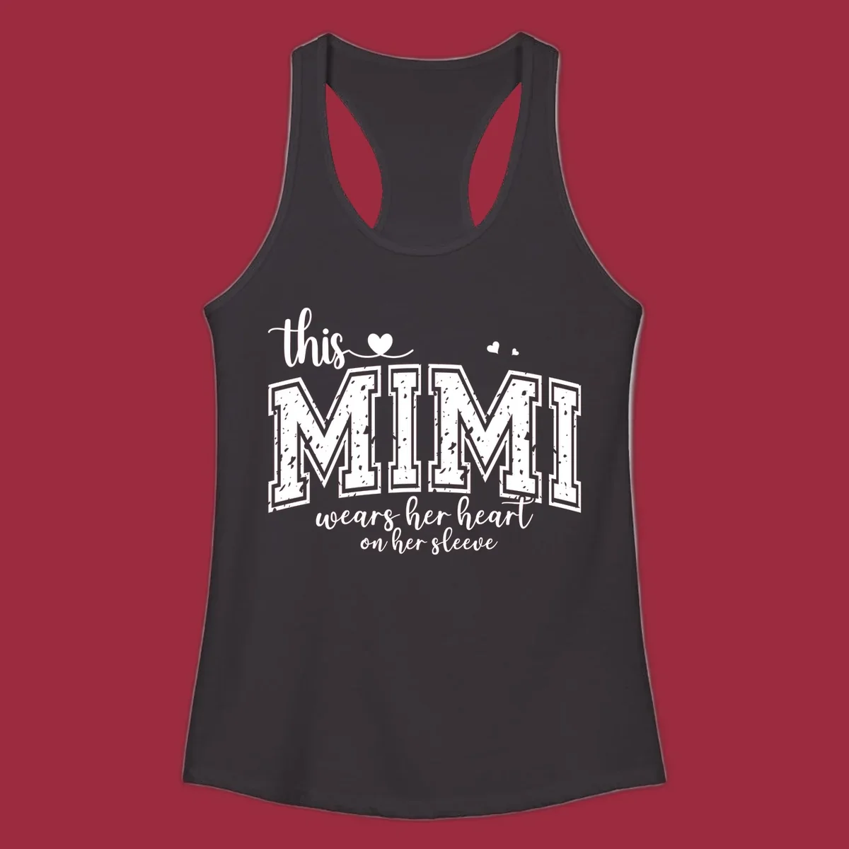 This Mimi Wears Her Heart On Her Sleeve text design with heart icons.