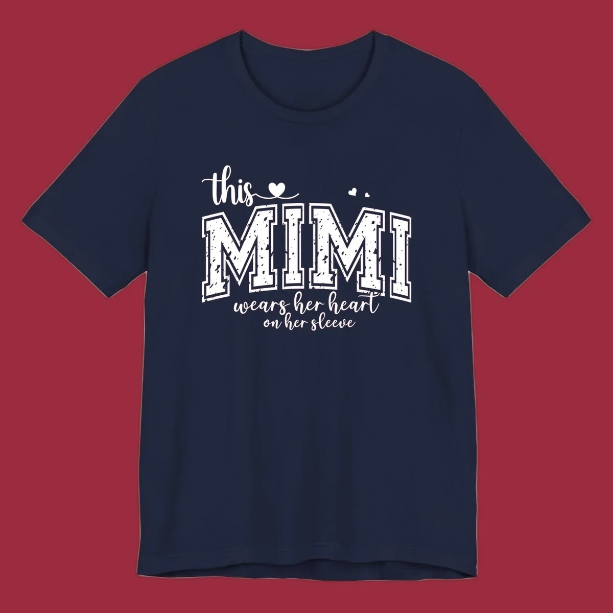 This Mimi Wears Her Heart On Her Sleeve text design with heart icons.