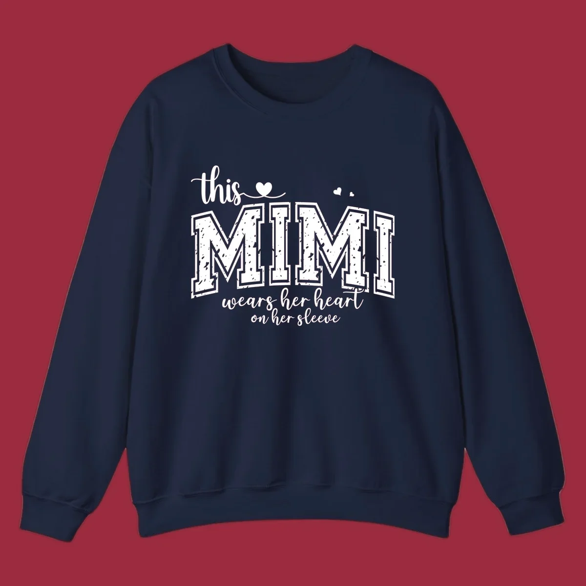 This Mimi Wears Her Heart On Her Sleeve text design with heart icons.