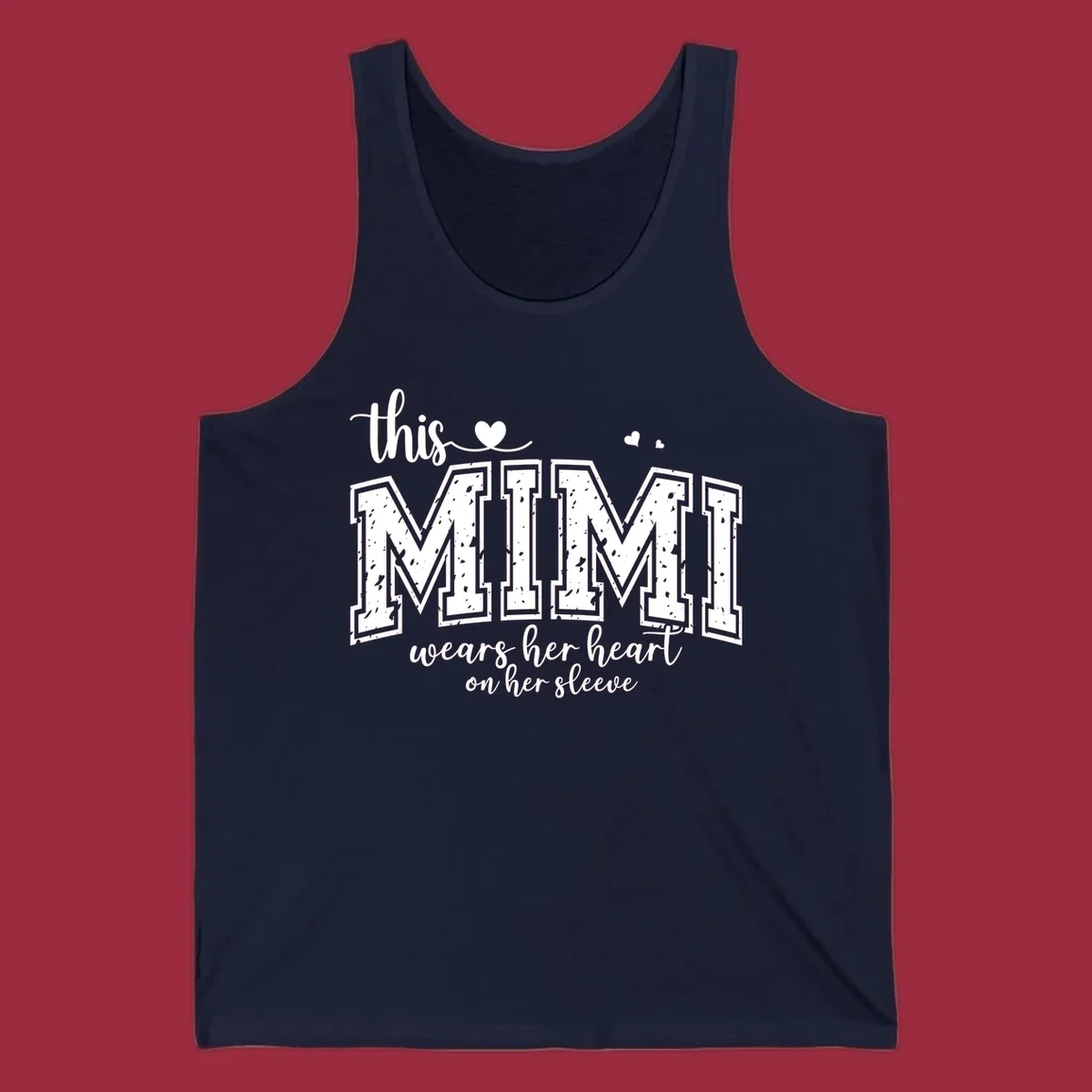 This Mimi Wears Her Heart On Her Sleeve text design with heart icons.
