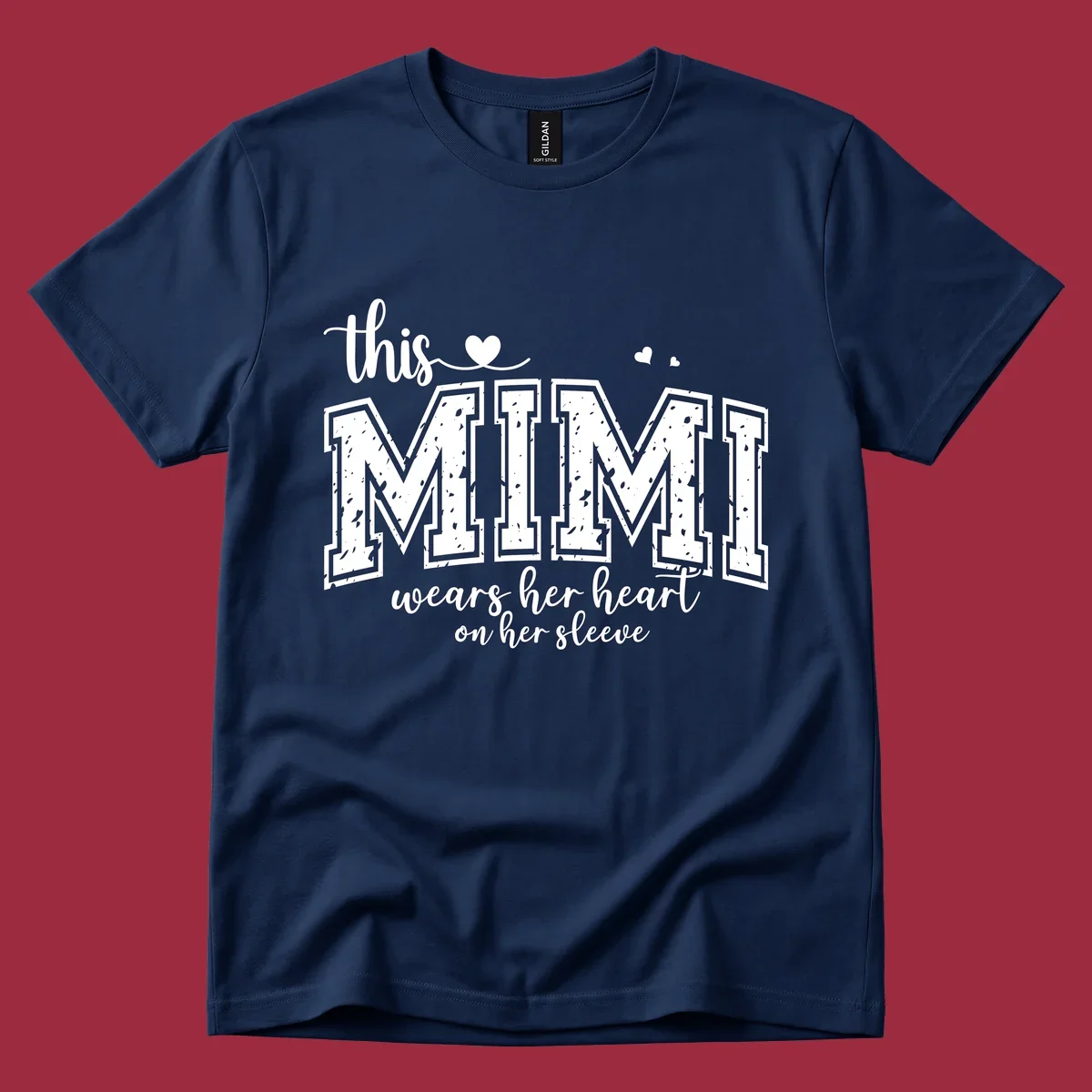This Mimi Wears Her Heart On Her Sleeve text design with heart icons.