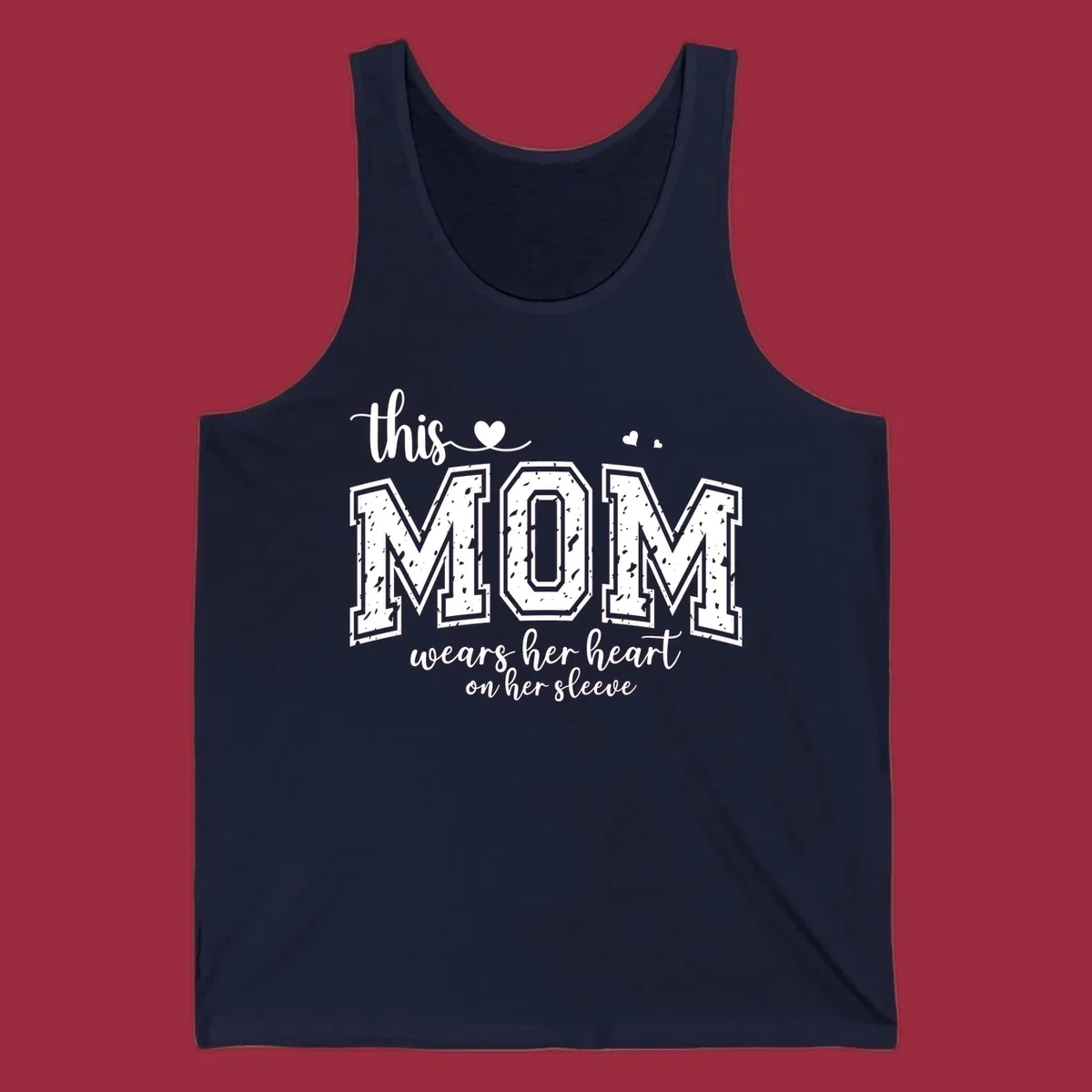 This mom wears her heart on her sleeve graphic with distressed text and heart icons.