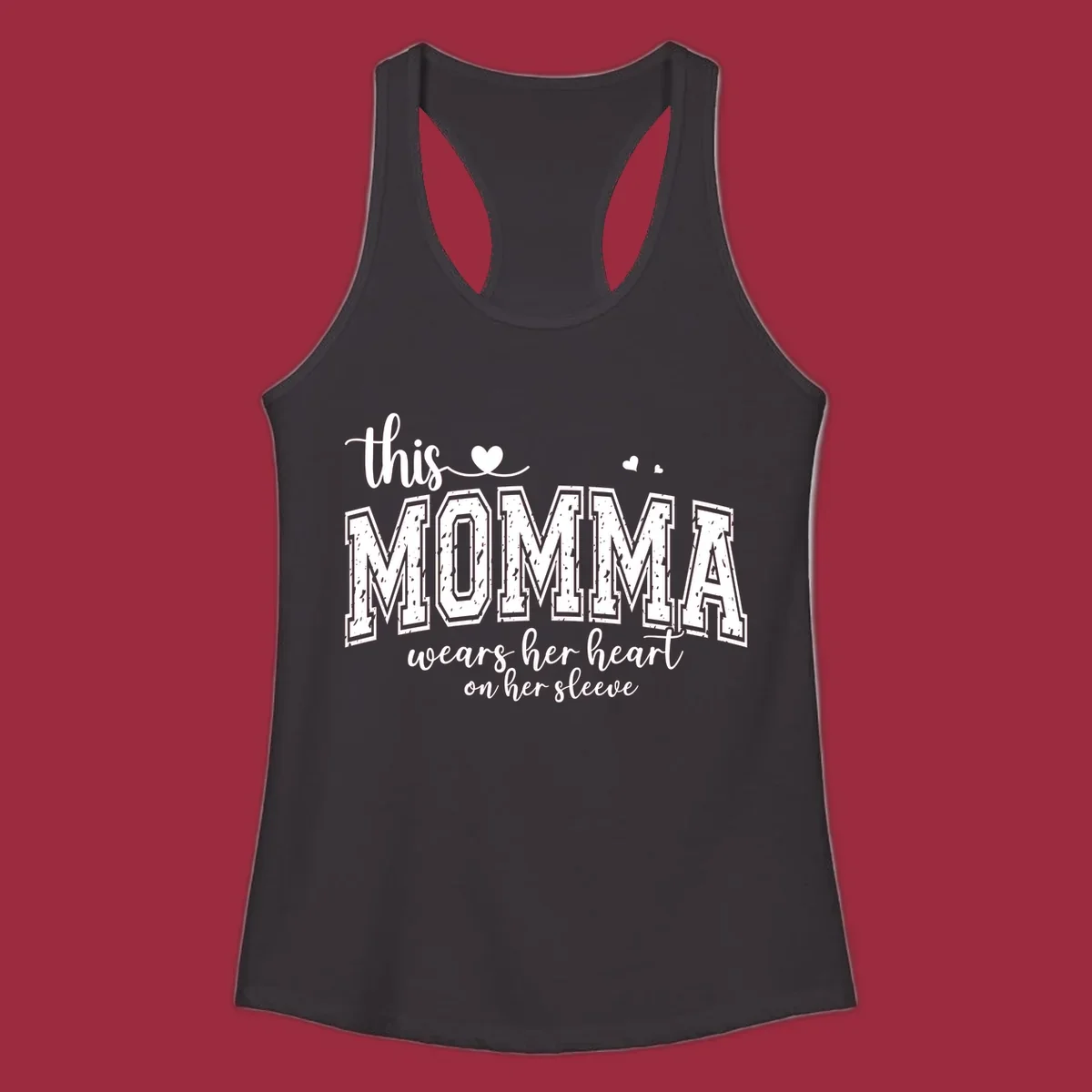 Momma heart on sleeve typography design with script and varsity text and heart icons.