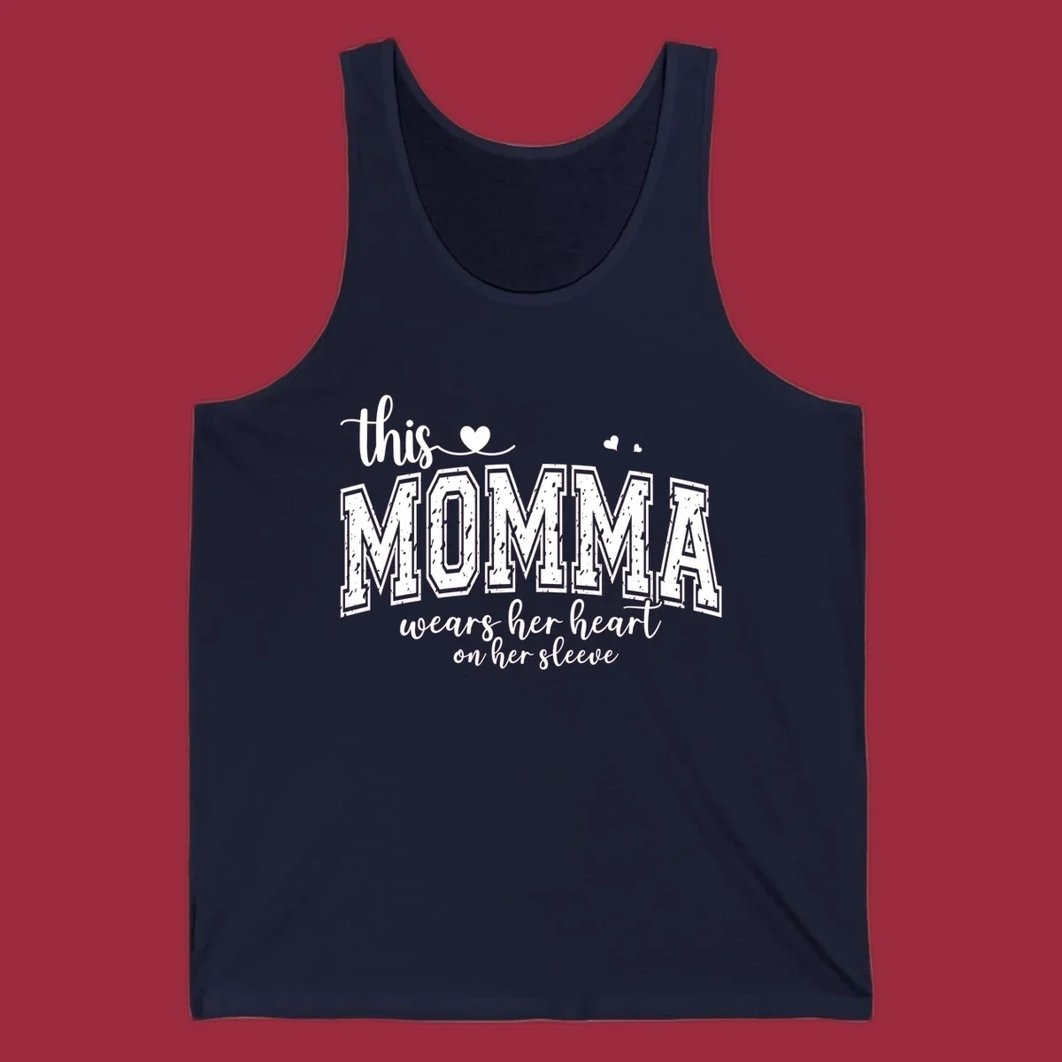Momma heart on sleeve typography design with script and varsity text and heart icons.
