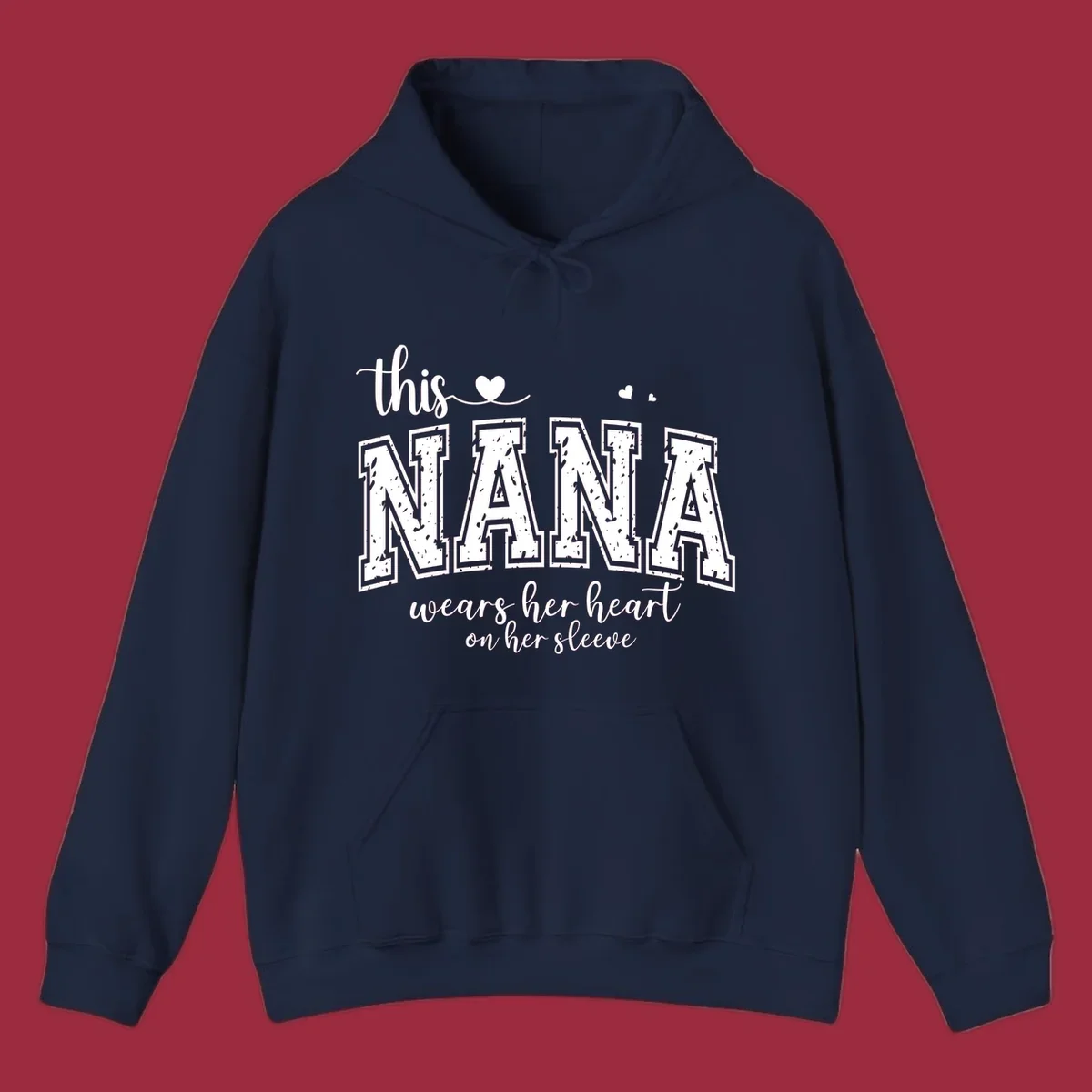 Text design for Nana that says 'this nana wears her heart on her sleeve' with heart accents.