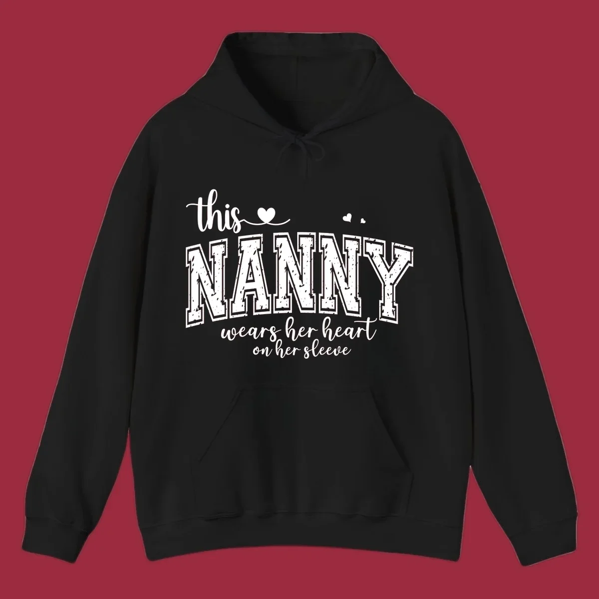 This Nanny Wears Her Heart On Her Sleeve typography design with hearts.