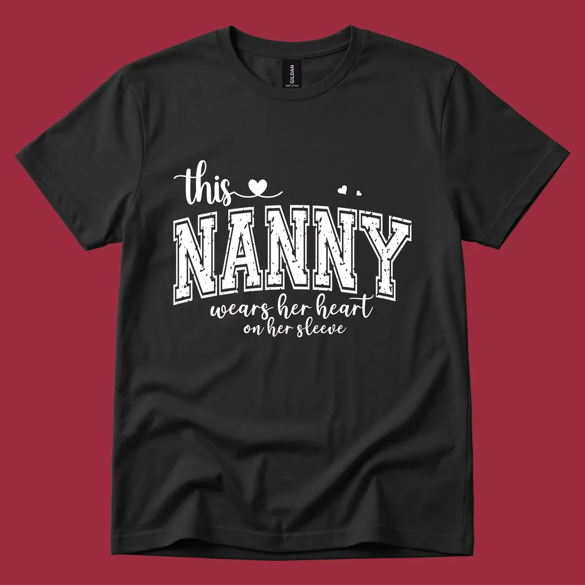 This Nanny Wears Her Heart On Her Sleeve typography design with hearts.