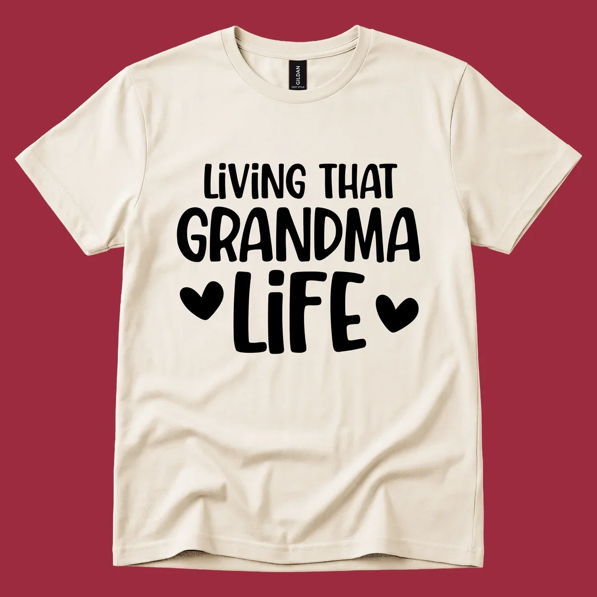 Living that grandma life text with hearts graphic.