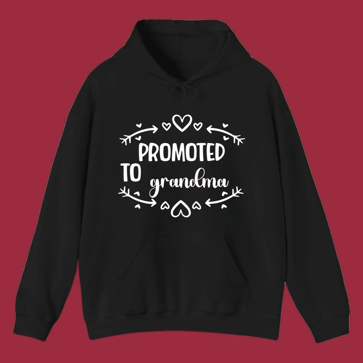 Promoted to Grandma text with hearts and arrows graphic.