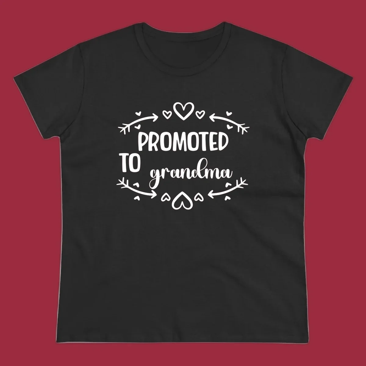 Promoted to Grandma text with hearts and arrows graphic.