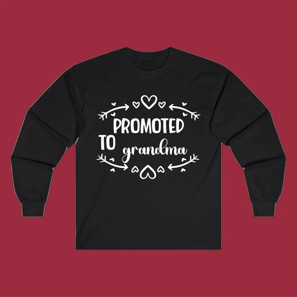 Promoted to Grandma text with hearts and arrows graphic.