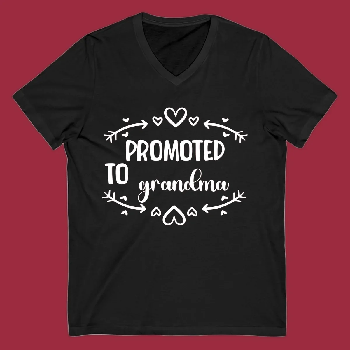 Promoted to Grandma text with hearts and arrows graphic.