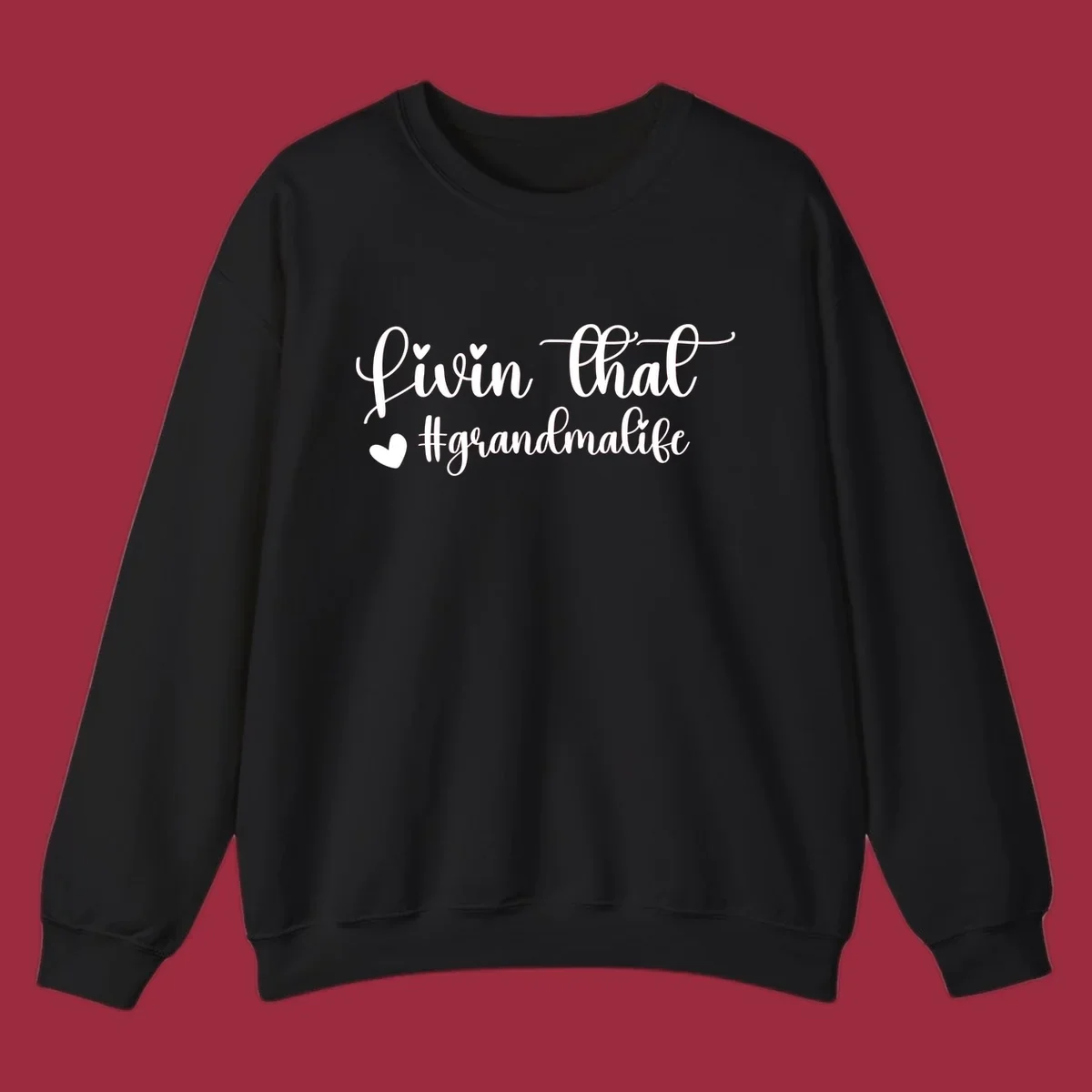 Livin that grandma life script with hearts, white on black and black on white.