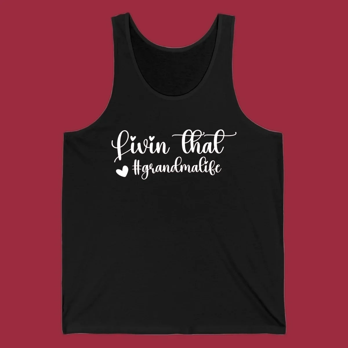 Livin that grandma life script with hearts, white on black and black on white.