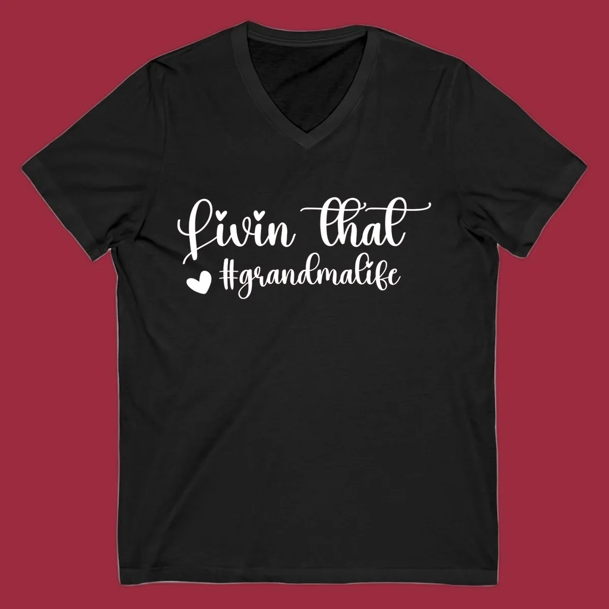 Livin that grandma life script with hearts, white on black and black on white.