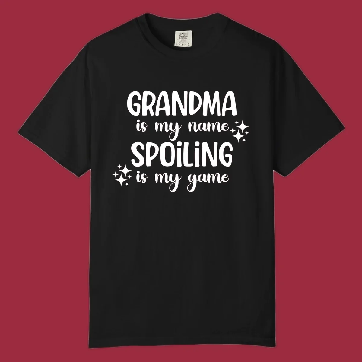 Grandma spoiling game text with sparkle accents.