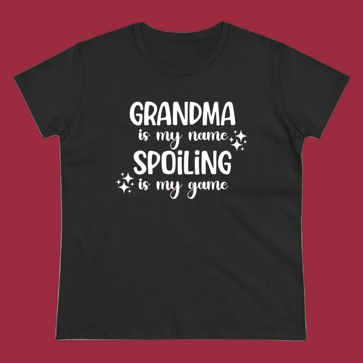 Grandma spoiling game text with sparkle accents.