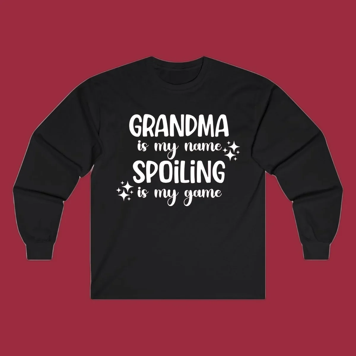 Grandma spoiling game text with sparkle accents.
