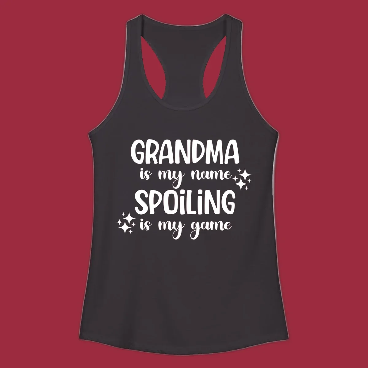 Grandma spoiling game text with sparkle accents.