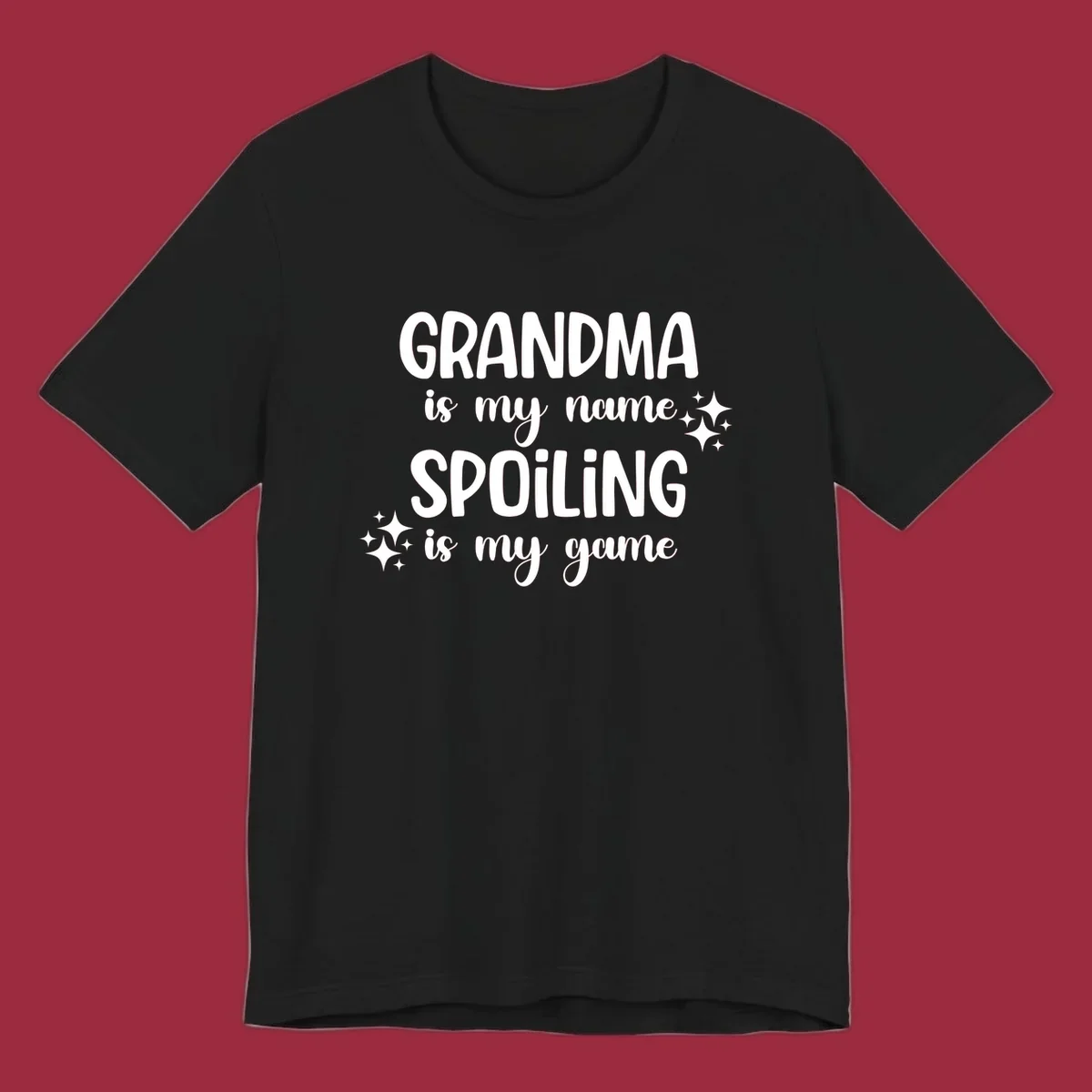 Grandma spoiling game text with sparkle accents.