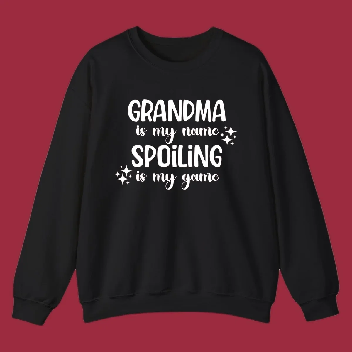 Grandma spoiling game text with sparkle accents.