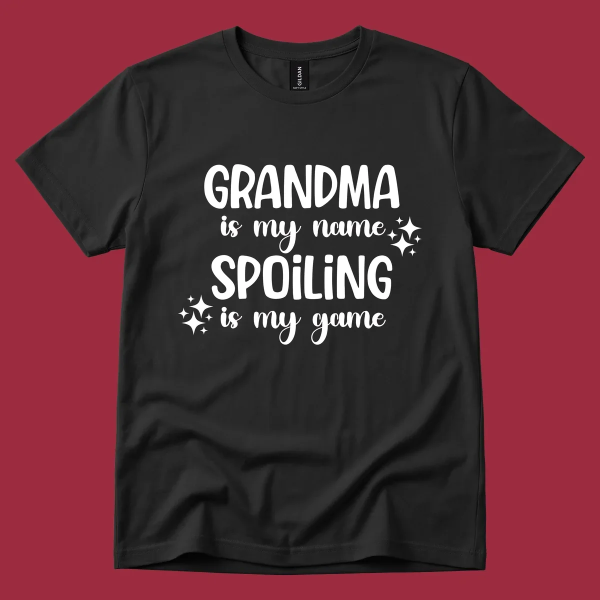 Grandma spoiling game text with sparkle accents.