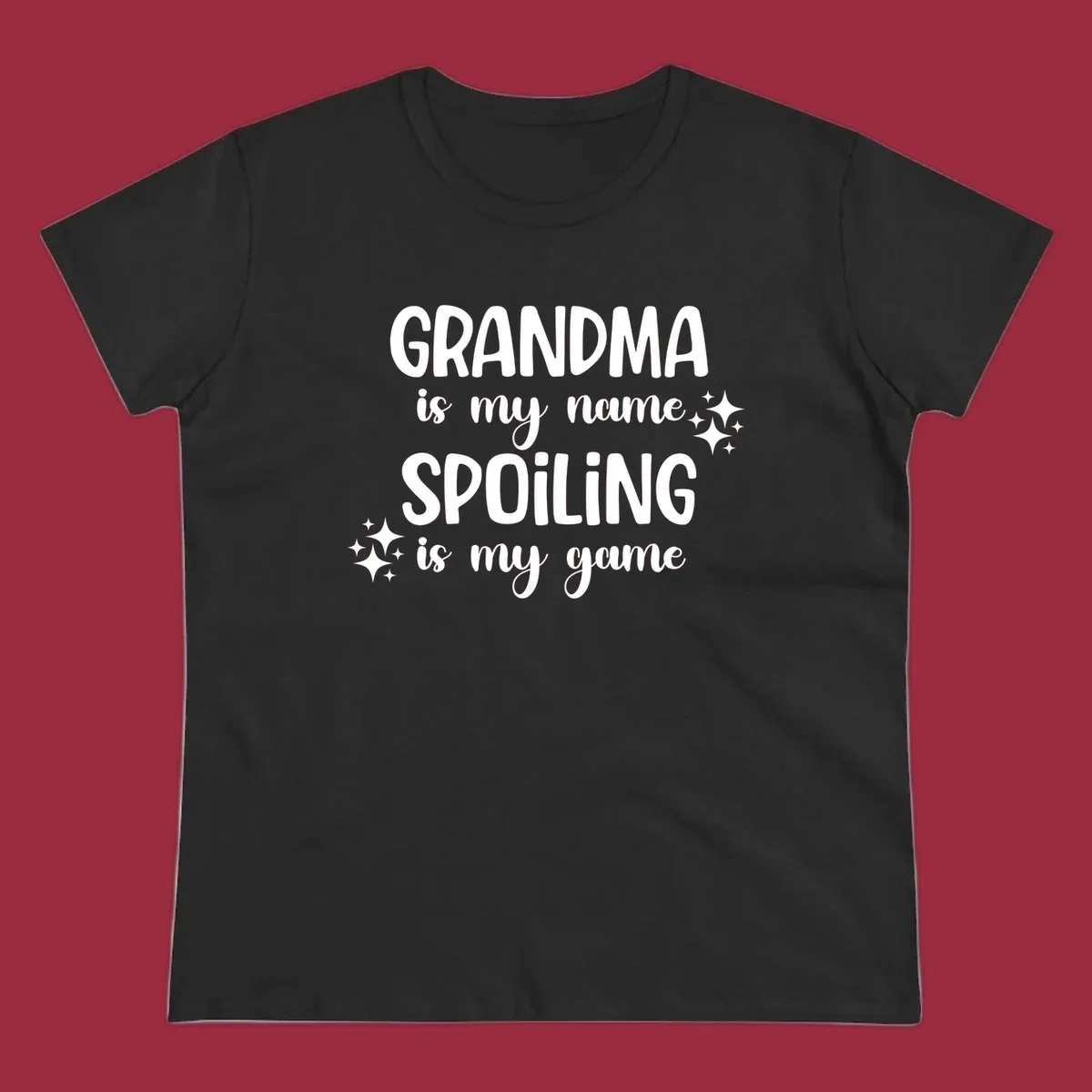 Grandma Is My Name Spoiling Is My Game typography with sparkle accents.