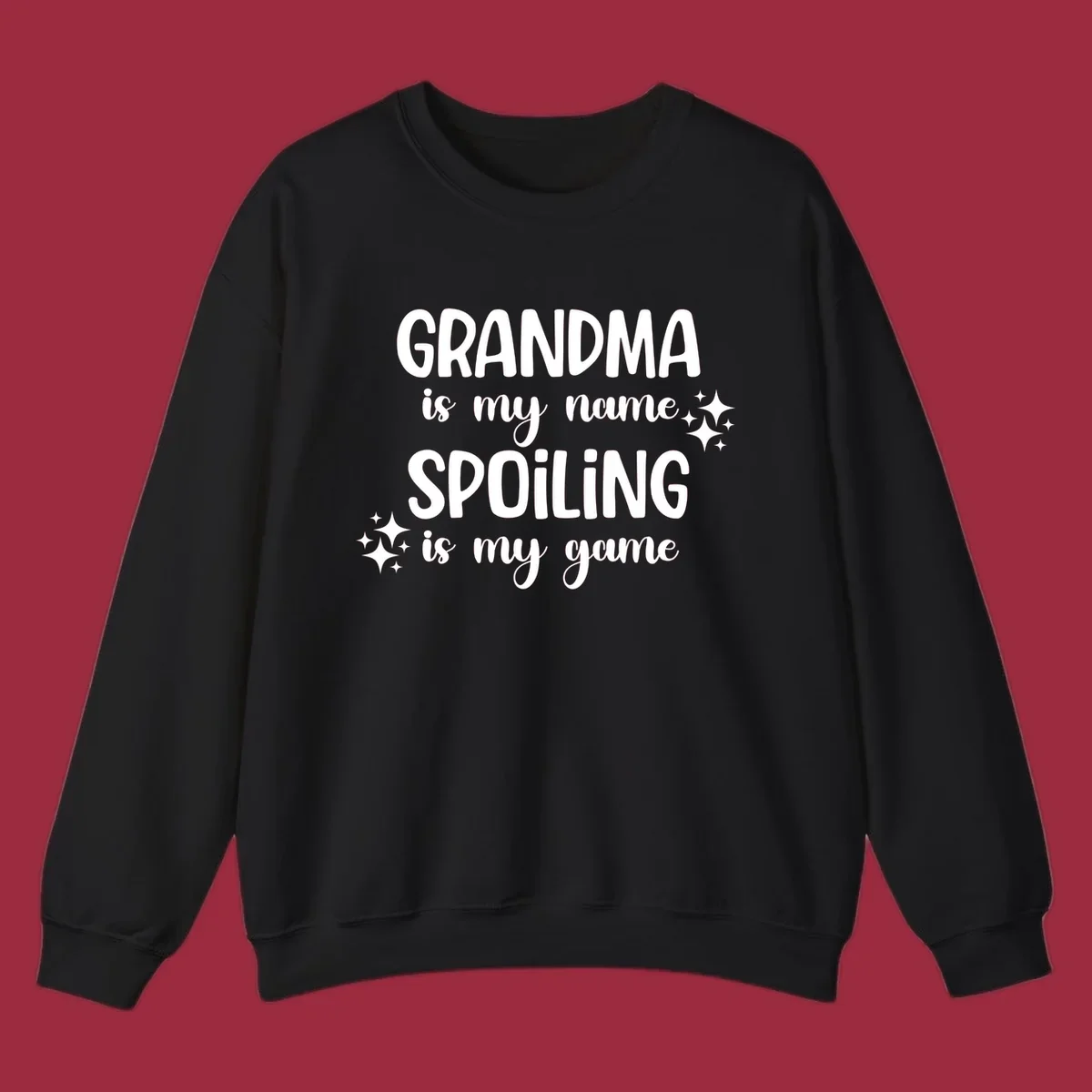 Grandma Is My Name Spoiling Is My Game typography with sparkle accents.