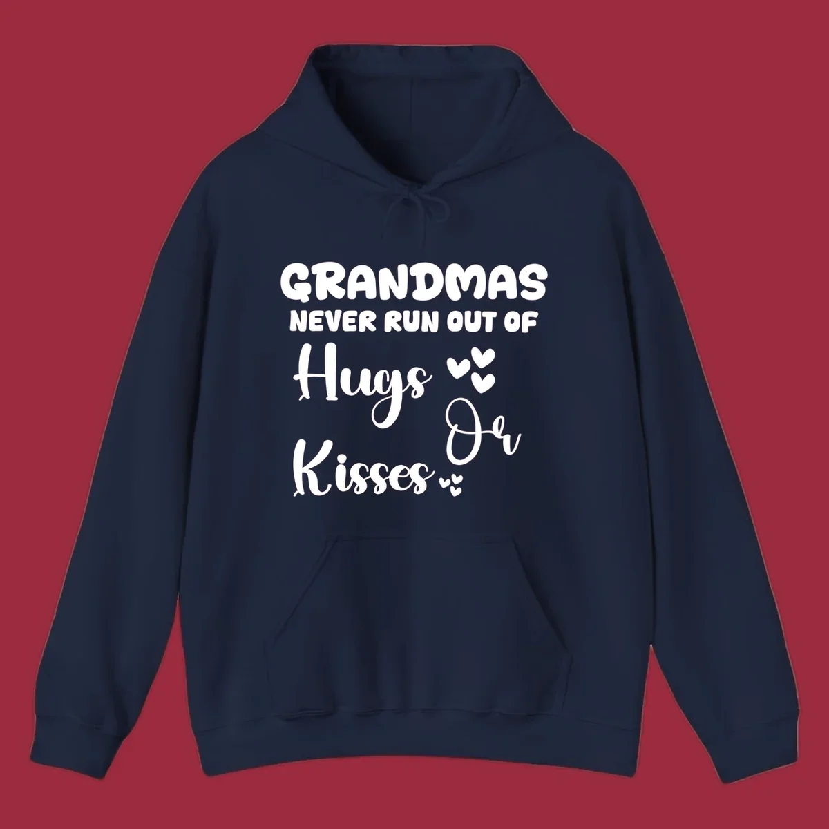 Grandma hugs and kisses typography design with heart accents.