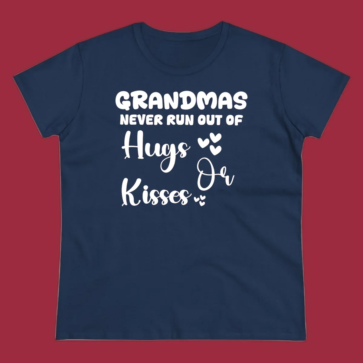 Grandma hugs and kisses typography design with heart accents.