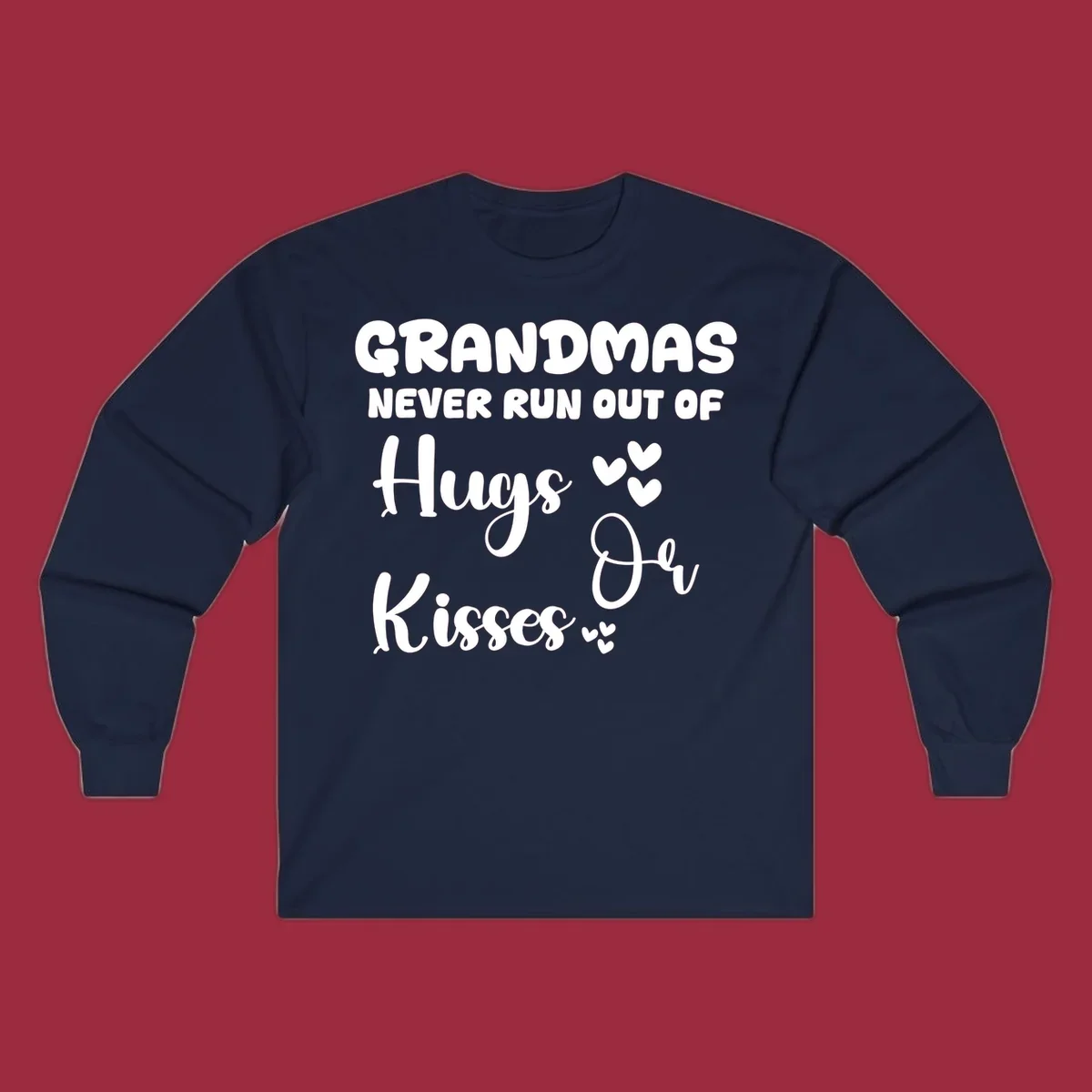 Grandma hugs and kisses typography design with heart accents.
