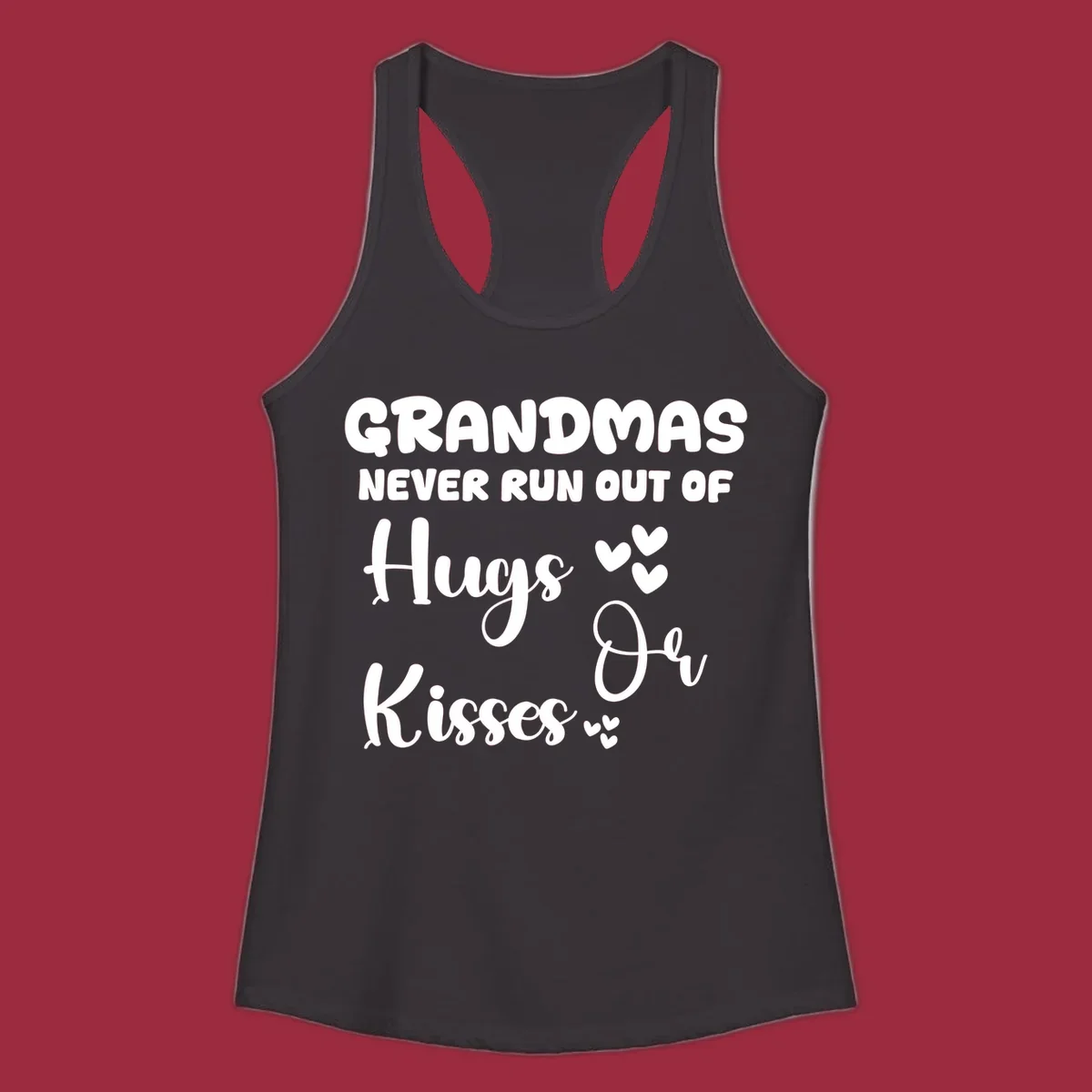 Grandma hugs and kisses typography design with heart accents.