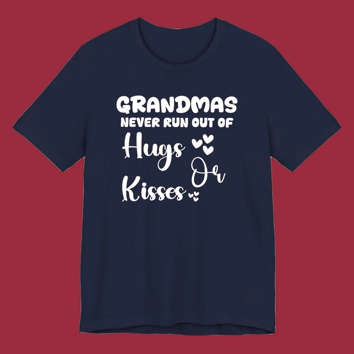 Grandma hugs and kisses typography design with heart accents.