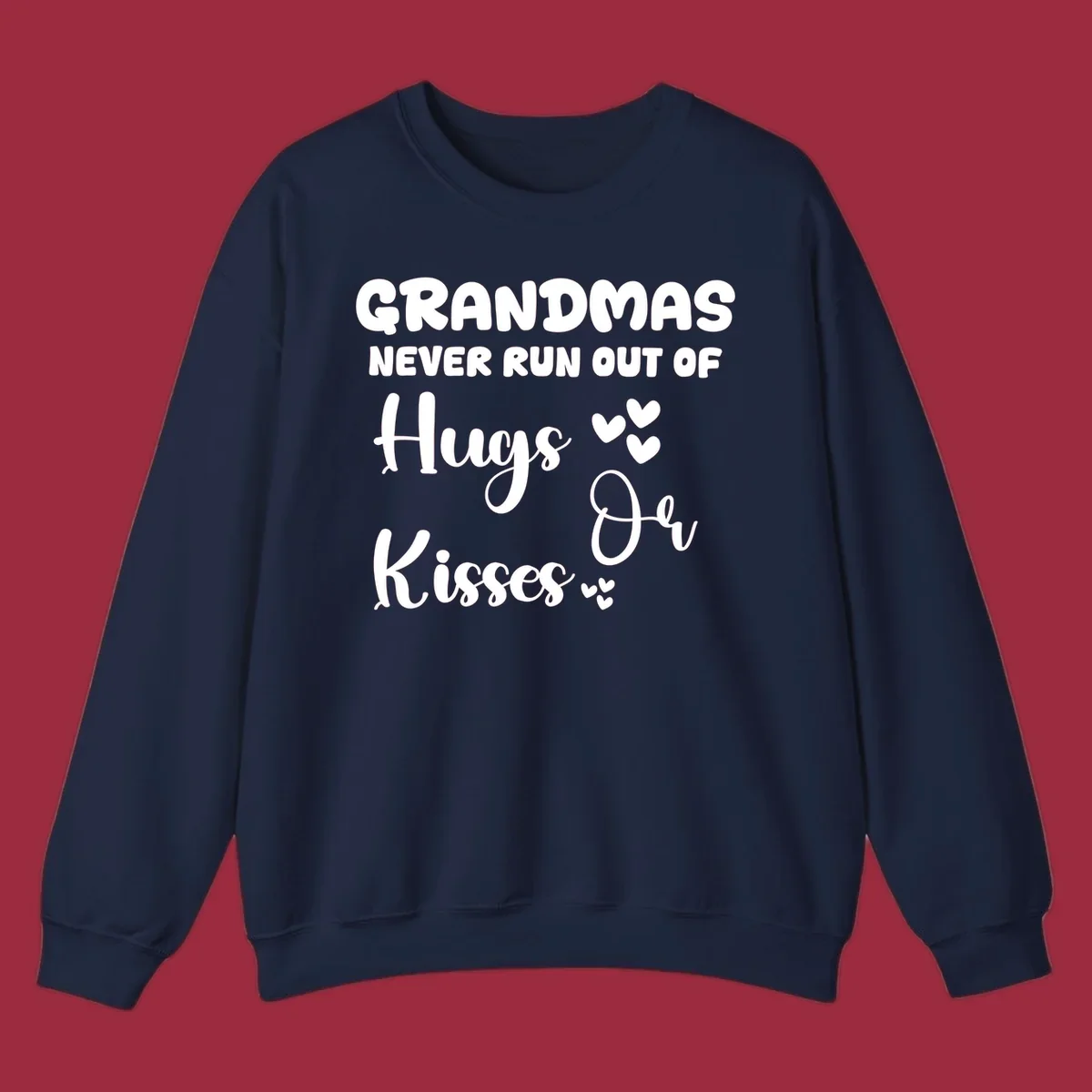 Grandma hugs and kisses typography design with heart accents.