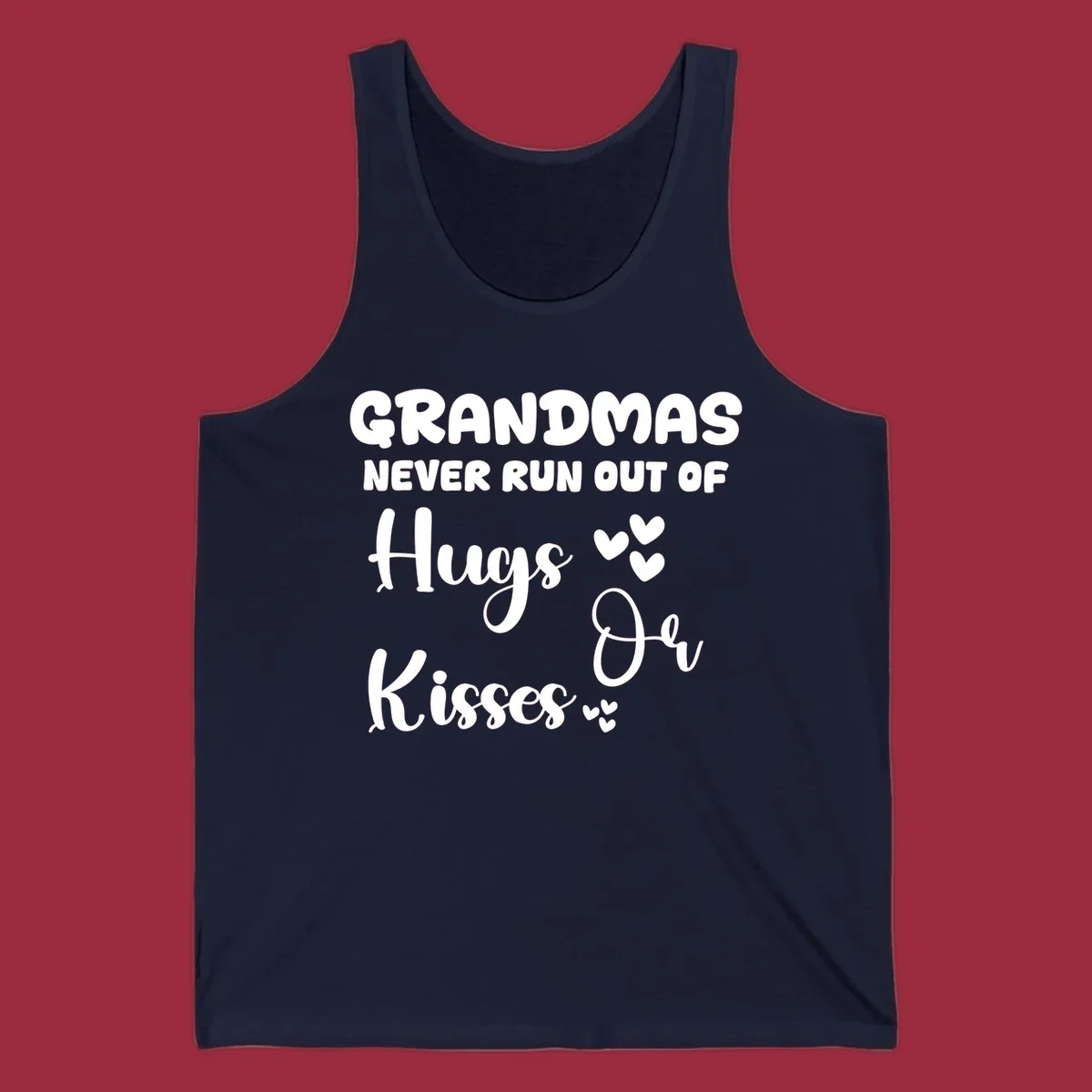 Grandma hugs and kisses typography design with heart accents.