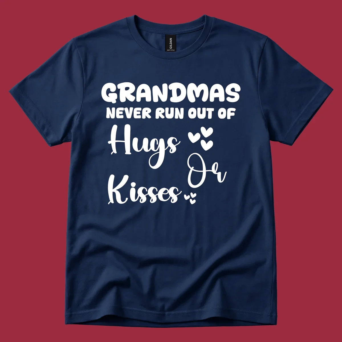 Grandma hugs and kisses typography design with heart accents.