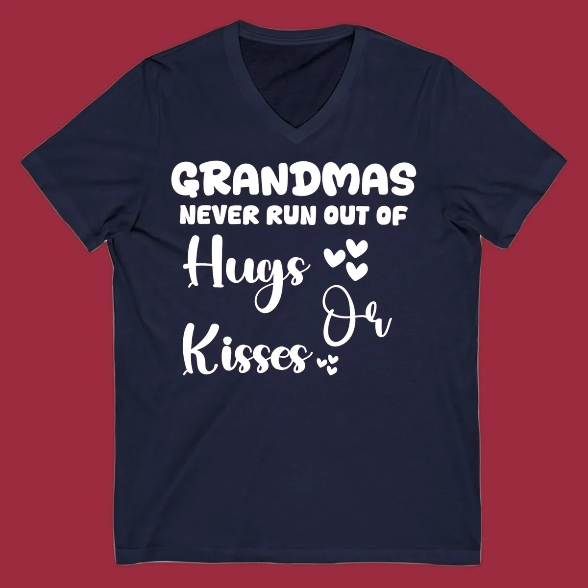 Grandma hugs and kisses typography design with heart accents.