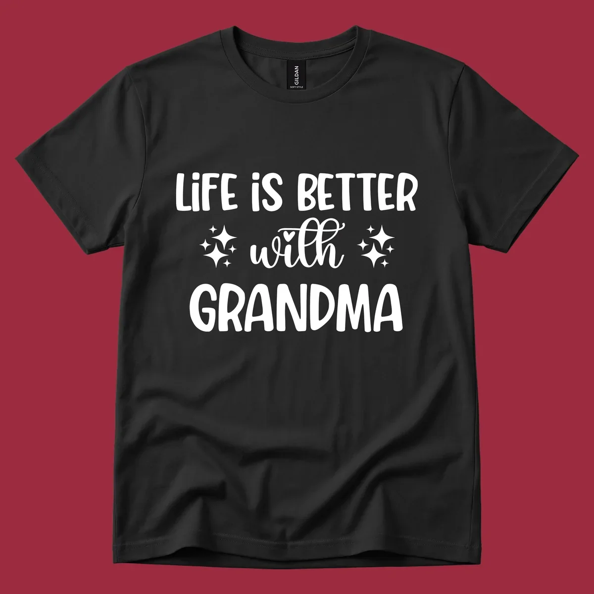 Life is better with grandma love quote typography design with sparkle accents.