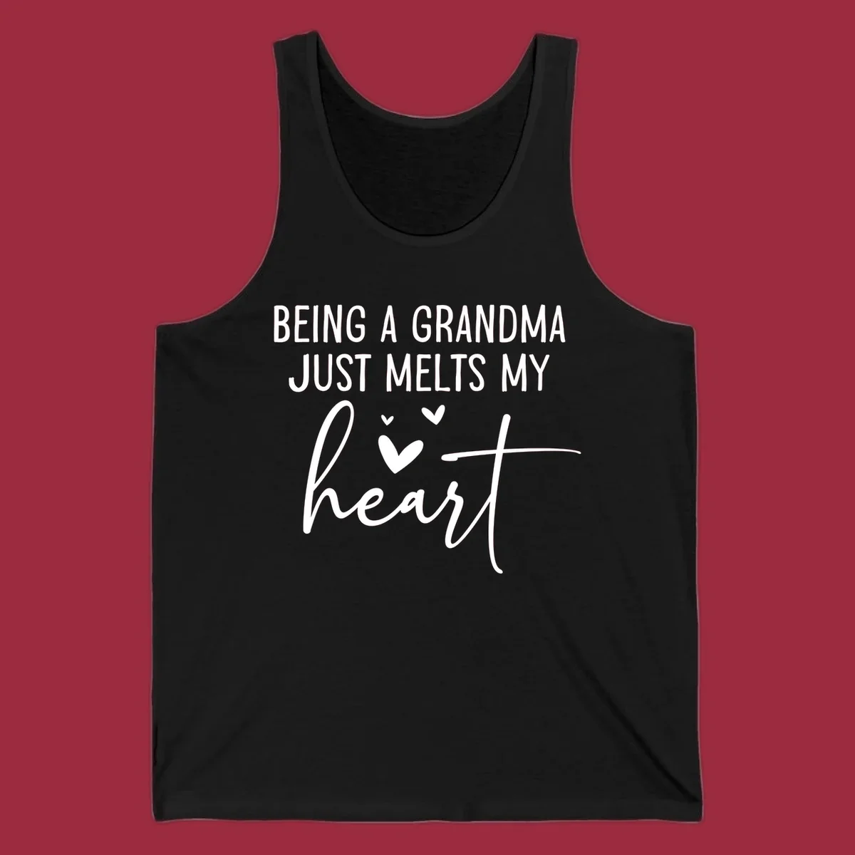 Grandma heart melt design with text 'BEING A GRANDMA JUST MELTS MY heart' and small heart graphics.