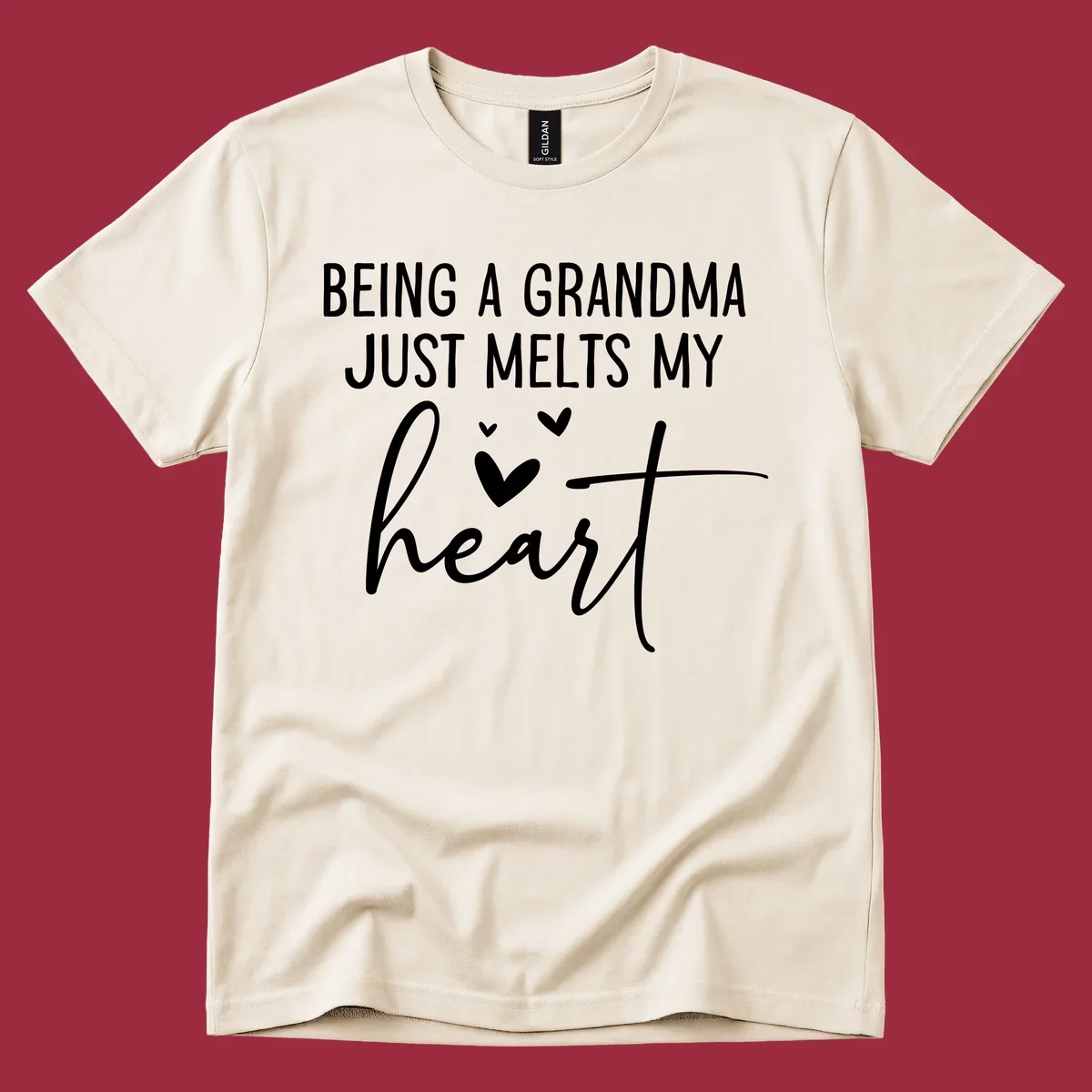 Grandma heart melt design with text 'BEING A GRANDMA JUST MELTS MY heart' and small heart graphics.